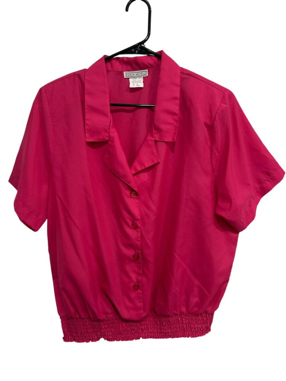 Vintage Jessica Michelle 18 Hot Pink Button-Up Blouse Elastic Hem Retro Bold